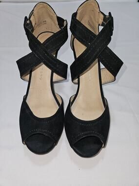 Chinese Laundry Black Suede Strappy Chunky Heel Peep Toe Buckle Shoes